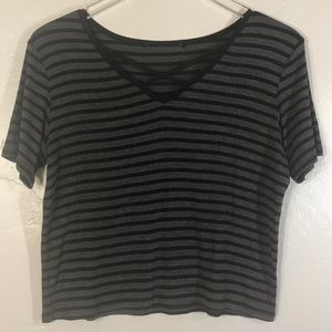 Stripped Black/Gray V-Neck Crop Short Sleeve